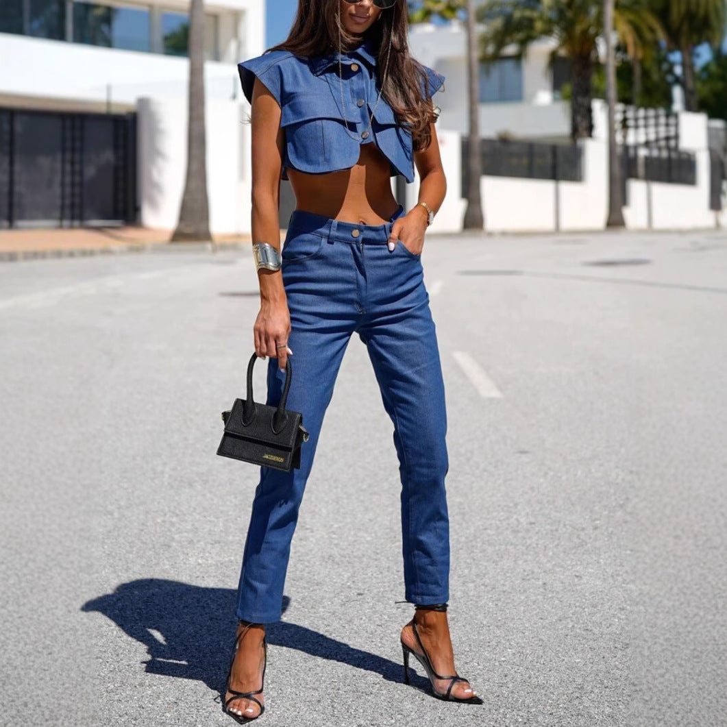 Damen Denim-Crop-Top mit weitem Kragen und passenden Jeanshosen Drune