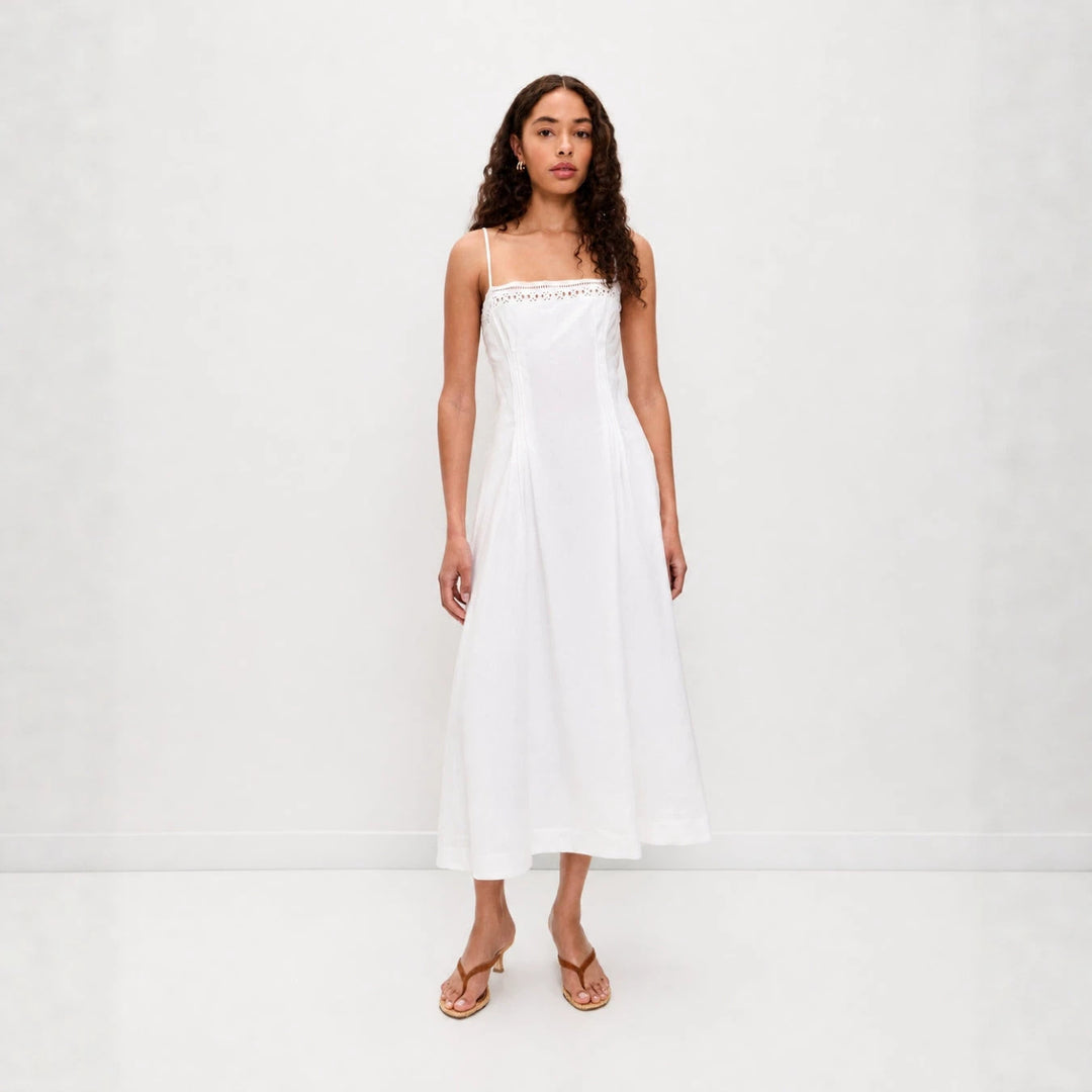 Damen nan Vintage-inspiriertes Midikleid mit schmalen Spaghettiträgern, Spitzenpassé und ausgestelltem Tellerrock Drune