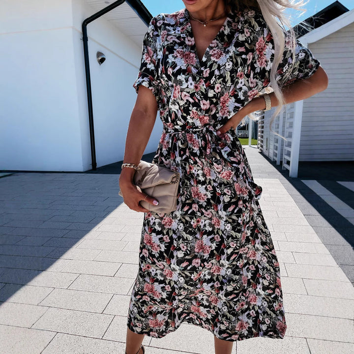 Damen Wickelkleid mit floralem Muster und Taillengürtel Drune