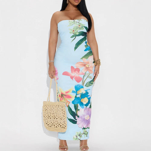 Damen Maxikleid im eleganten Bandeau-Stil mit floralem Druck Drune
