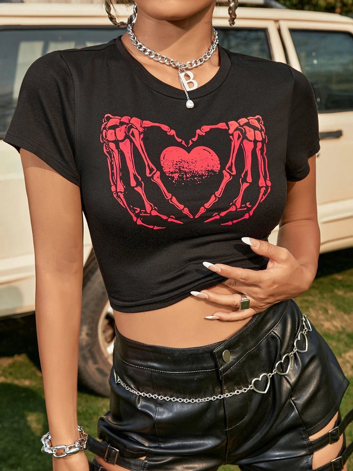 Damen Crop-Top mit kreativem Skeletthand-Motiv Drune