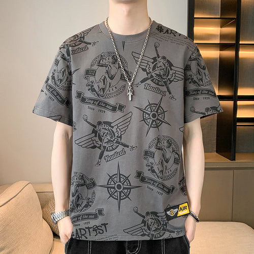 Herren Oversize-Print-T-Shirt mit Allover-Nautical-Logos und Rundhalsausschnitt Drune