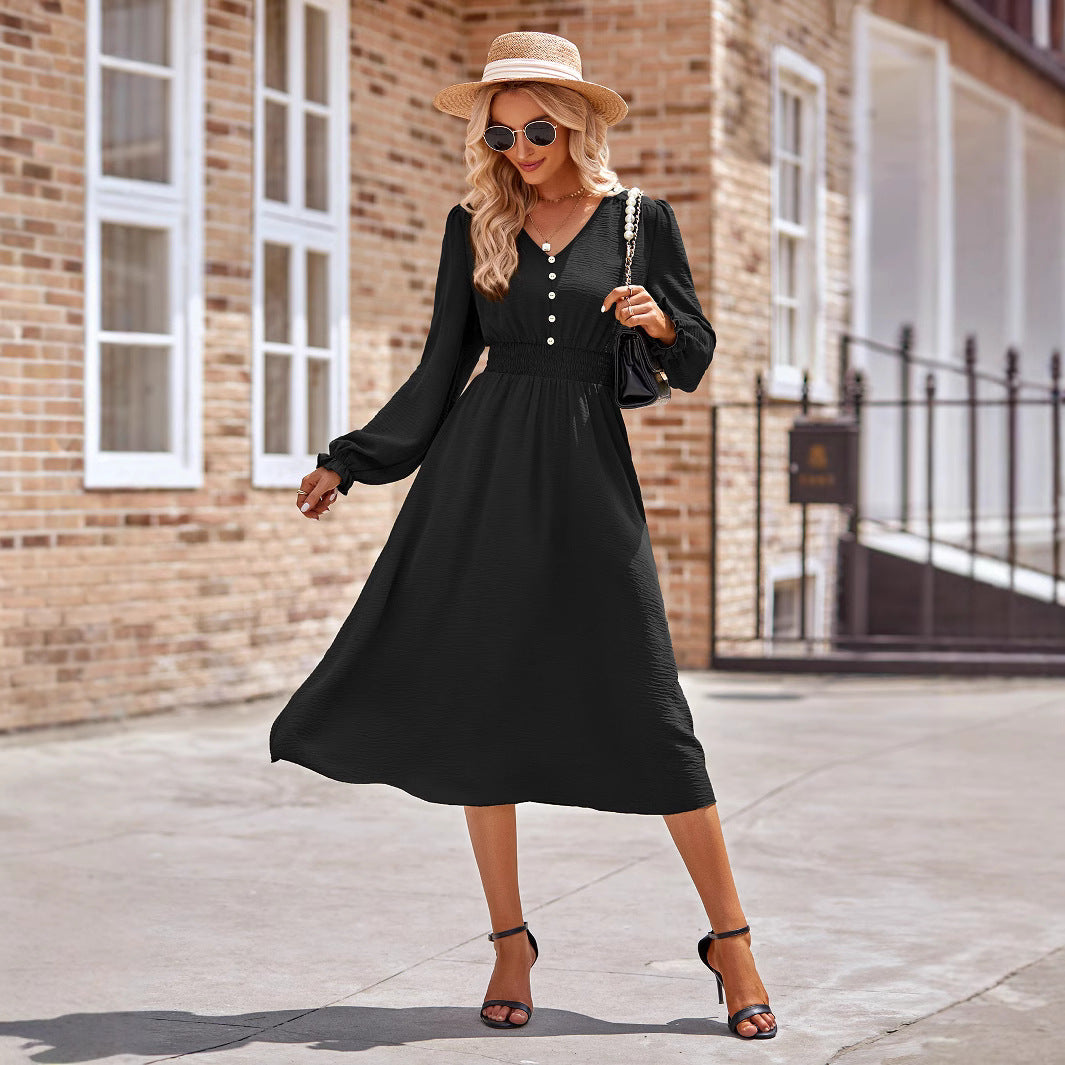 Damen Midikleid mit V-Ausschnitt, geraffter Smock-Taille und Knopfleiste Drune