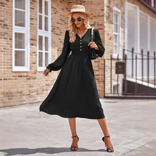 Damen Midikleid mit V-Ausschnitt, geraffter Smock-Taille und Knopfleiste Drune