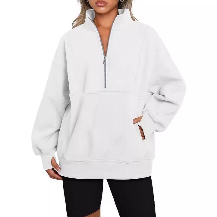 Damen Oversized Sweatshirt mit halbem Reißverschluss, Kängurutasche und Stehkragen Drune