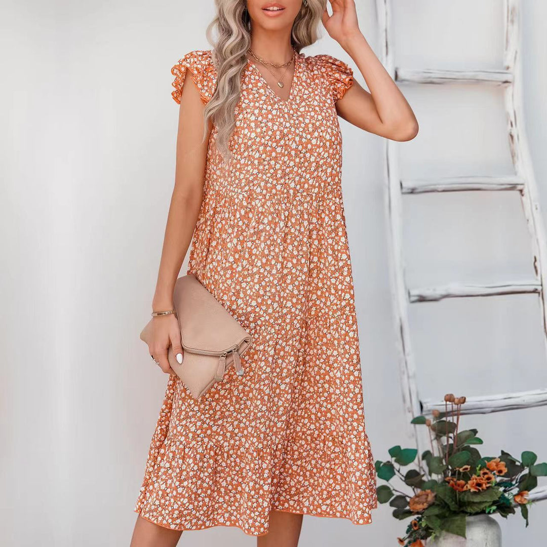Damen A-Linien Kleid mit voluminösen Rüschenärmeln und floralen Details Drune