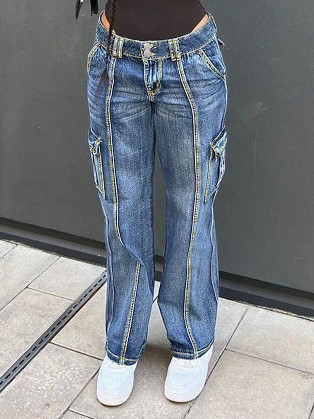 Damen taillenhohe Cargo-Jeans mit vertikalen Ziernähten und weitem Bein Drune