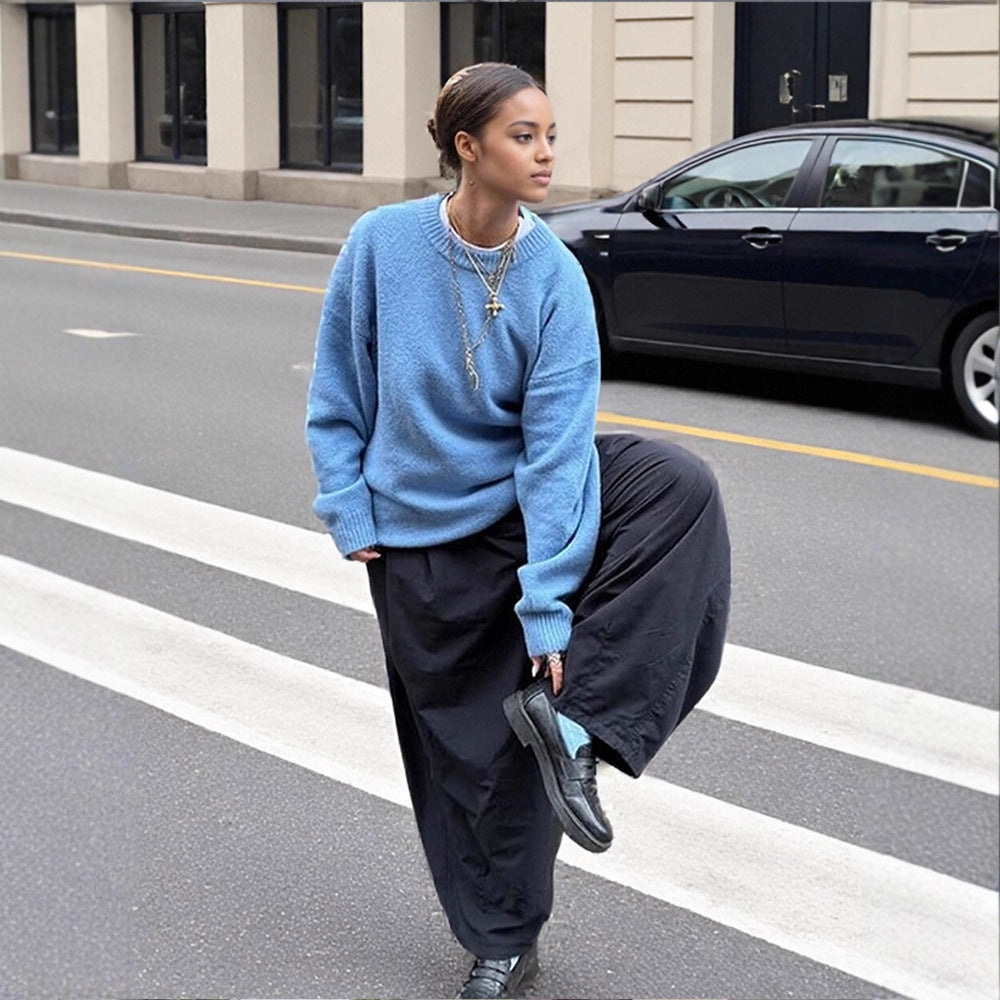 Damen Flauschiger Boxy Strickpullover aus Alpaka-Mix mit weitem Rundhalsausschnitt Drune