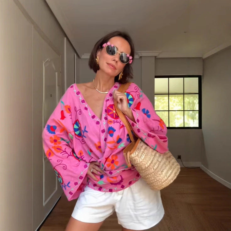 Damen Bestickte Kimono-Jacke mit Bindeband und Blumenapplikation Drune