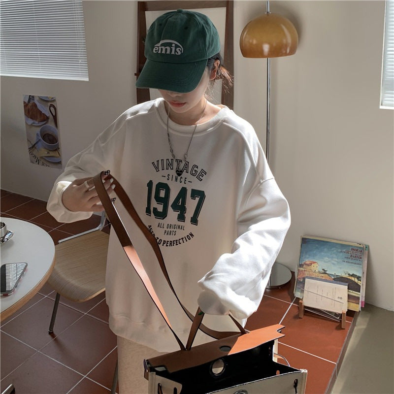 Damen lässiger Oversized Sweatshirt mit Vintage-Druck Drune
