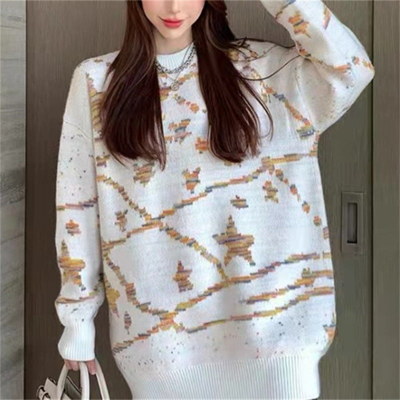 Damen Gemusterter Grobstrickpullover mit weitem Schnitt Drune