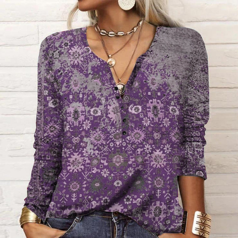 Damen Lockeres Langarm‑Henleyshirt mit V‑Ausschnitt, Knopfleiste und Ombre‑Print Drune
