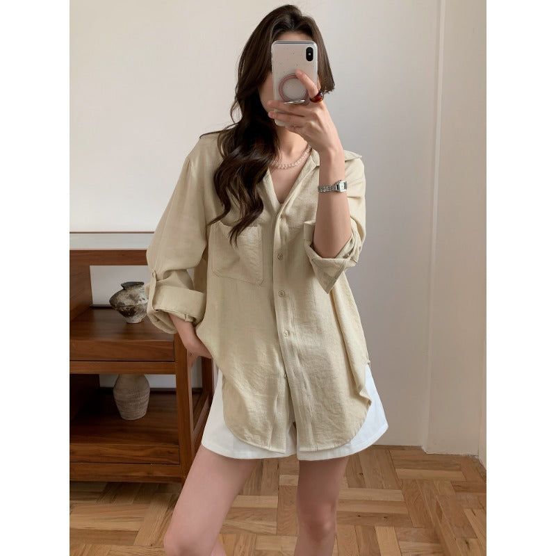 Damen Lässiges Leinenoptik-Longshirt mit Oversize-Schnitt und Brusttasche Drune