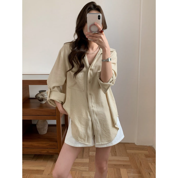 Damen Lässiges Leinenoptik-Longshirt mit Oversize-Schnitt und Brusttasche Drune