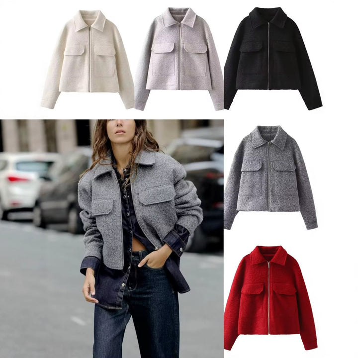 Damen Kurze Bouclé‑Jacke im Boxy‑Cut mit Reißverschluss und Pattentaschen Drune