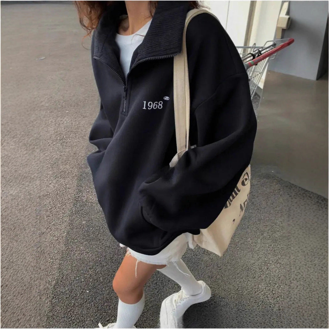 Damen Oversized Sweatshirt mit halbem Reißverschluss, hohem Stehkragen und Kängurutasche Drune