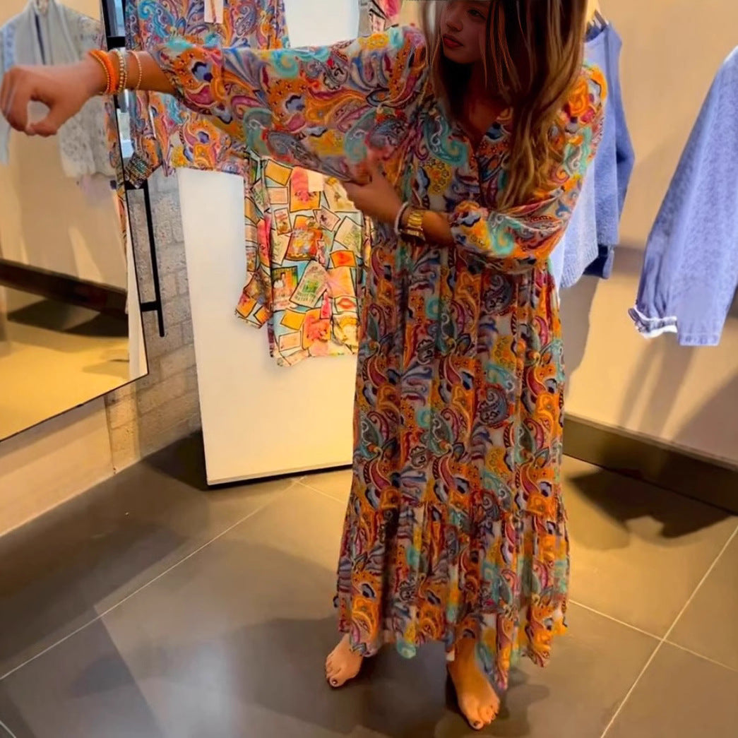 Damen nan Stufenmaxikleid im Boho-Stil mit Paisley-Print, V-Ausschnitt, geraffter Empire-Taille und elastischen Manschetten Drune