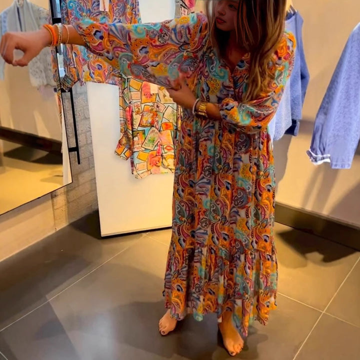 Damen nan Stufenmaxikleid im Boho-Stil mit Paisley-Print, V-Ausschnitt, geraffter Empire-Taille und elastischen Manschetten Drune