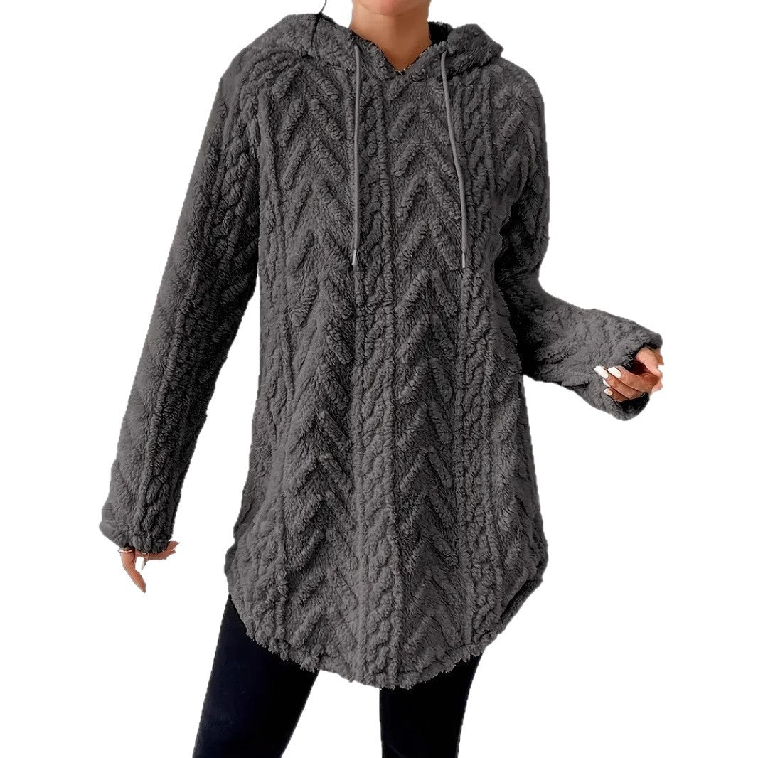 Damen nan kuschelige Kapuzenjacke aus Teddyfleece mit Zopfmuster und gerafftem Saum Drune