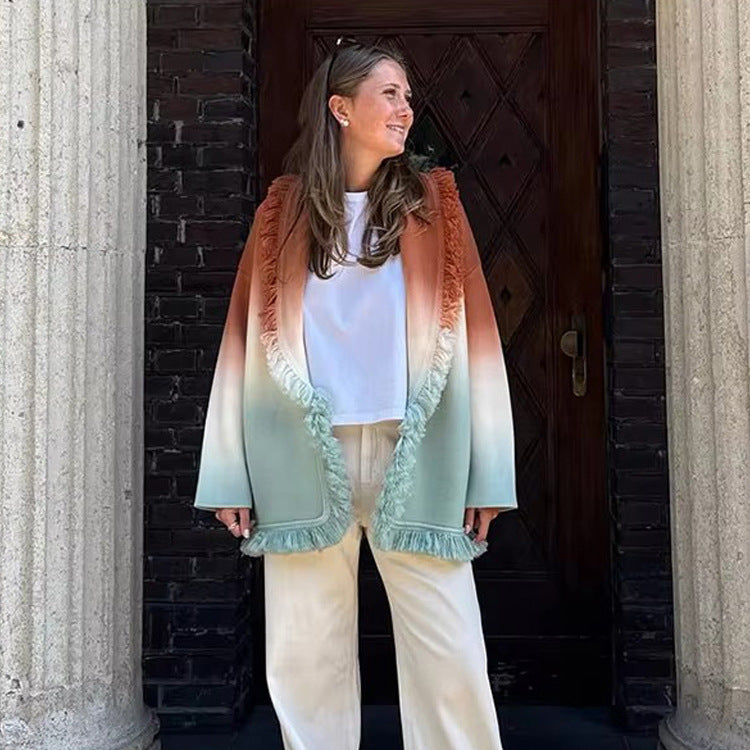 Damen Farbverlauf-Strickcardigan mit Fransen und Schalkragen Drune
