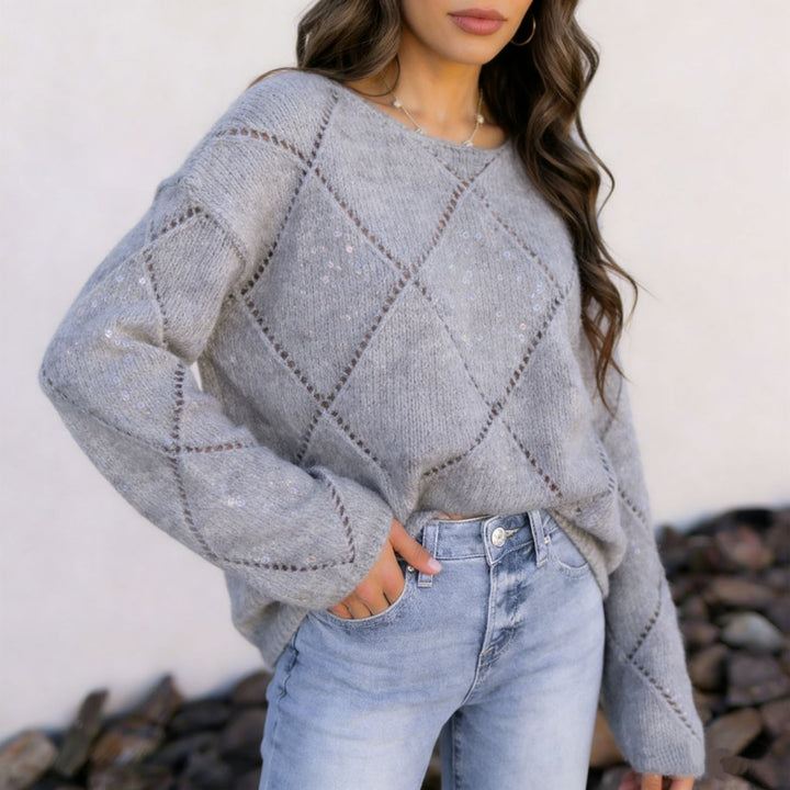Damen Grobgestrickter Oversize-Pullover mit Ajour‑Rautenmuster und Pailletten Drune