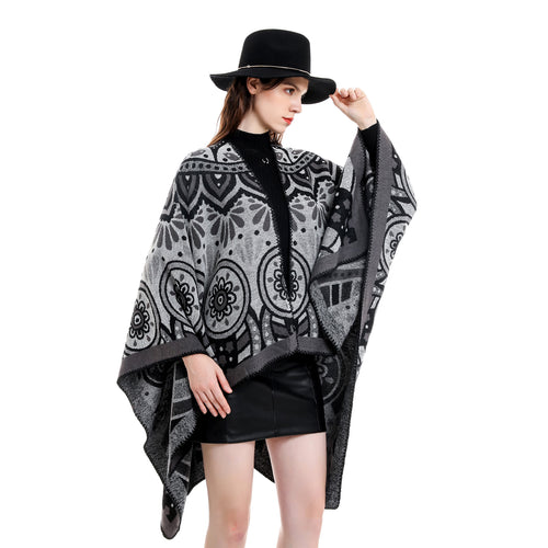 Damen Wollmix-Umhangponcho mit ornamentaler Jacquardstruktur und offenem Fall Drune