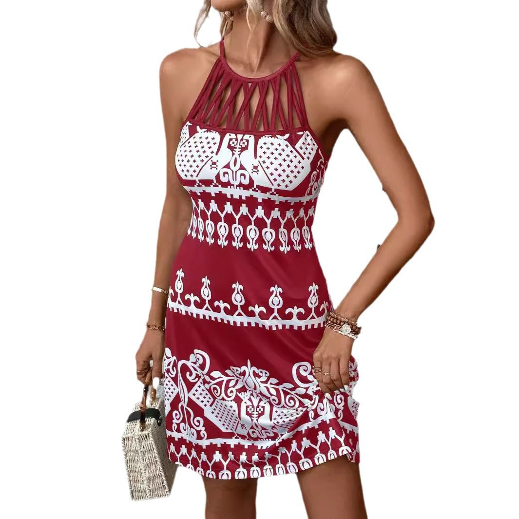 Damen ärmelloses Sommerkleid mit modischem Cut-Out-Design und grafischem Muster Drune