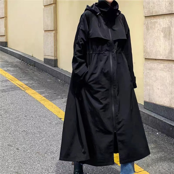 Damen Langer Oversize-Dustercoat mit Cape‑Passe, Tunnelzug‑Taillierung und hohem Stehkragen Drune