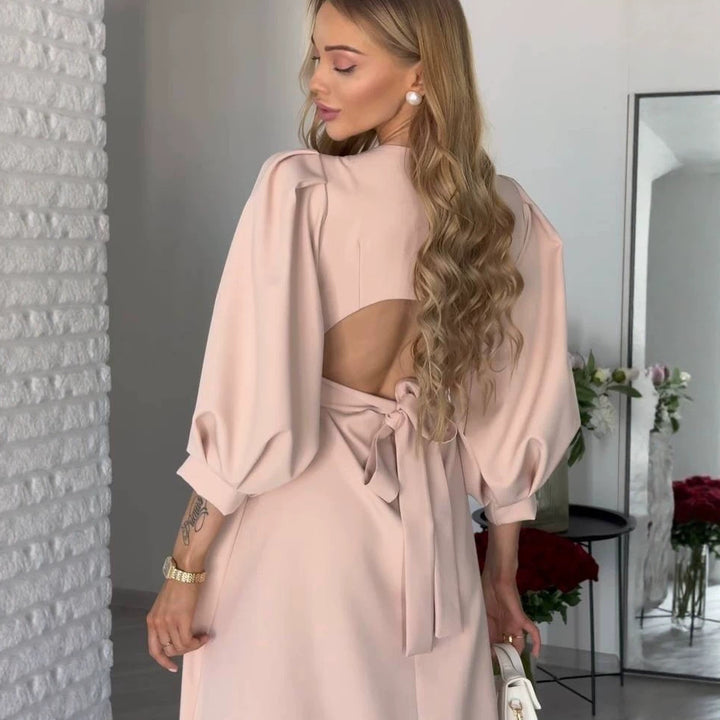 Damen Midikleid mit offenem Rückenausschnitt, voluminösen Puffärmeln und Bindegürtel Drune