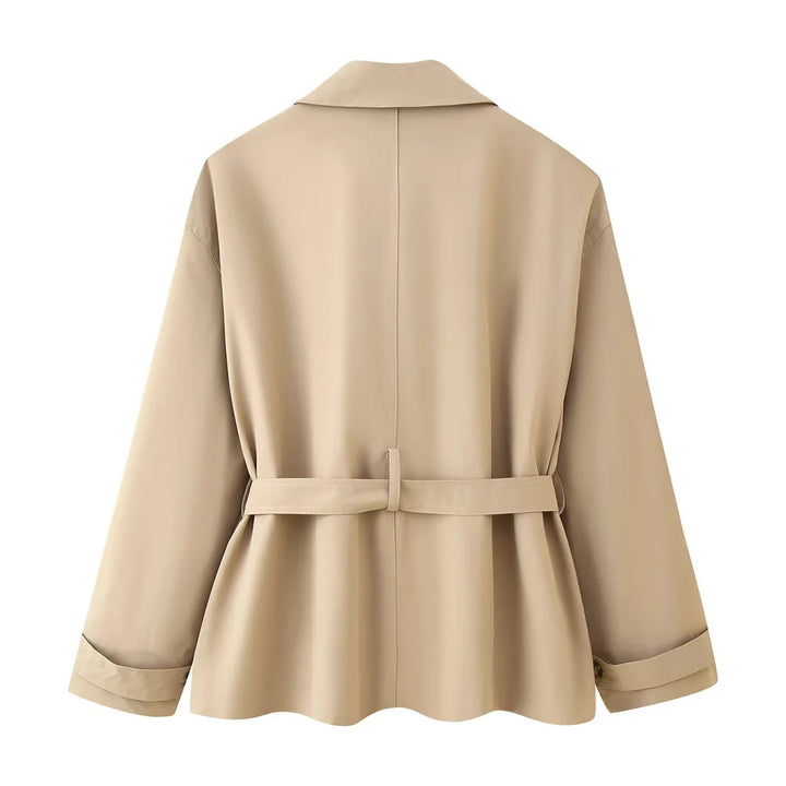 Damen nan taillierte Kurztrenchjacke mit Bindegürtel, Schulterklappen und Pattentaschen Drune