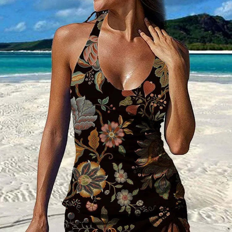 Damen Halter-Neck Blumenmuster Badekleid Drune