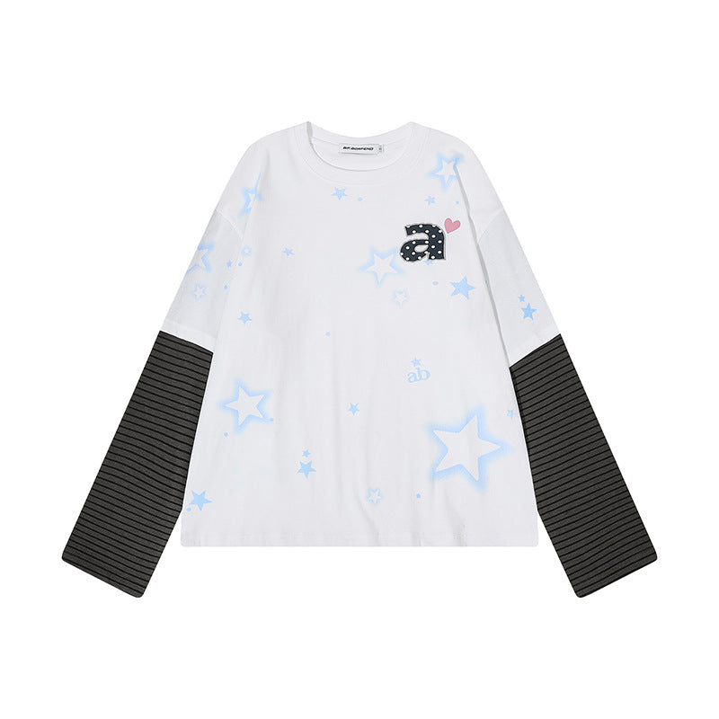 Damen Layered-Langarmshirt mit gestreiften Einsatzärmeln, Stern-Print und Applikation Drune