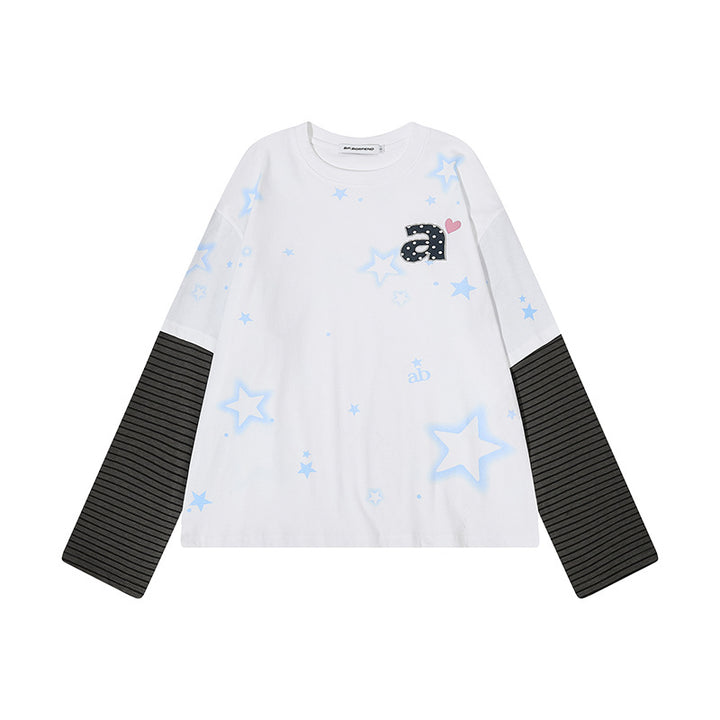 Damen Layered-Langarmshirt mit gestreiften Einsatzärmeln, Stern-Print und Applikation Drune