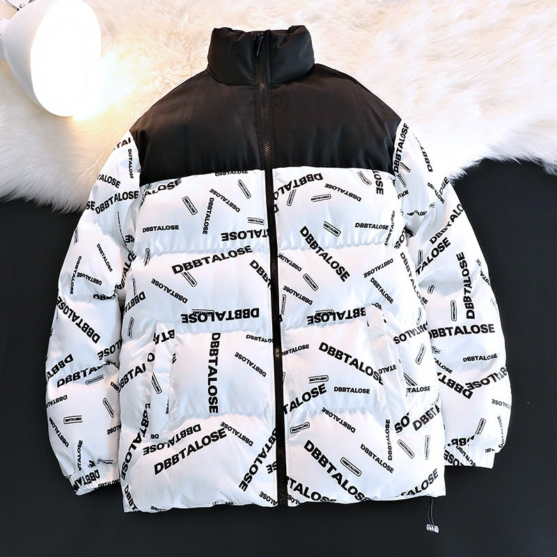Unisex Gepolsterte Steppjacke mit Allover‑Logoprint, hohem Stehkragen & verstellbarem Saum Drune