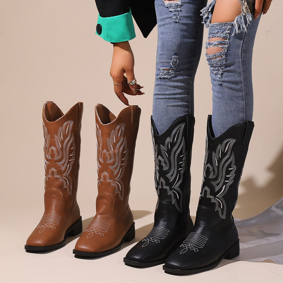 Damen Cowboystiefel mit mittelhohem Schaft, quadratischer Zehenpartie und dekorativer Stickerei Drune