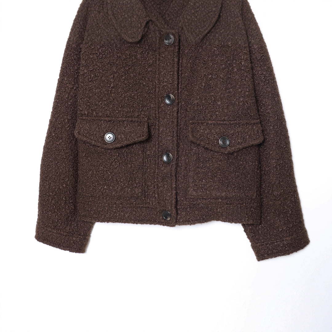 Damen nan cropped Bouclé‑Jacke mit abnehmbarem Kunstfellkragen, kastiger Silhouette und Pattentaschen Drune