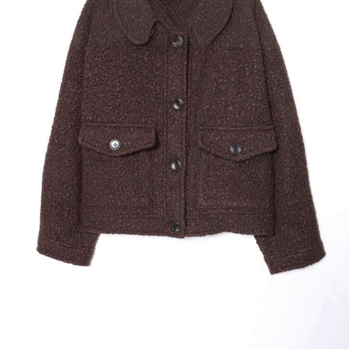Damen nan cropped Bouclé‑Jacke mit abnehmbarem Kunstfellkragen, kastiger Silhouette und Pattentaschen Drune