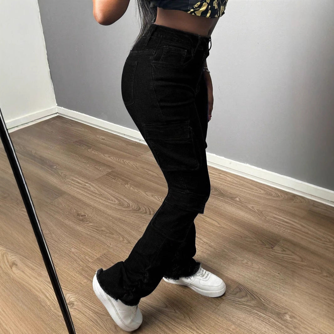 Damen Hochtaillierte Cargo-Jeans mit Mehrfach-Pattentaschen und langem Bein Drune
