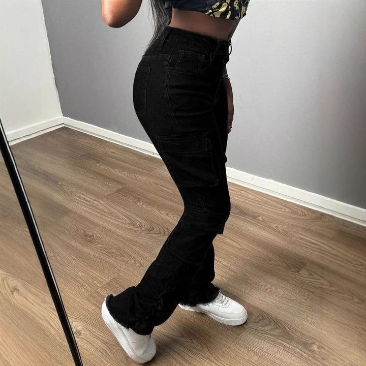 Damen Hochtaillierte Cargo-Jeans mit Mehrfach-Pattentaschen und langem Bein Drune