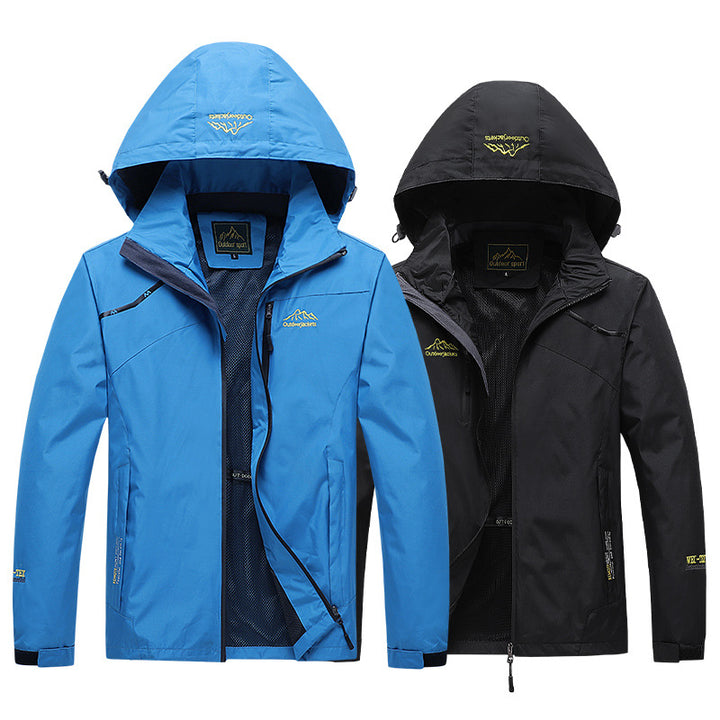 Herren atmungsaktive Softshell-Trekkingjacke mit verstaubarer Kapuze, Netzfutter und multifunktionalen Reißverschlusstaschen Drune