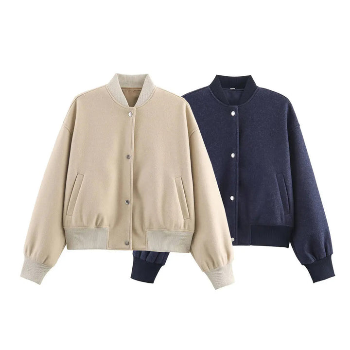 Damen nan kastig geschnittene Wolloptik-Collegejacke mit verdeckter Druckknopfleiste und seitlichen Schubtaschen Drune