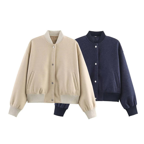 Damen nan kastig geschnittene Wolloptik-Collegejacke mit verdeckter Druckknopfleiste und seitlichen Schubtaschen Drune