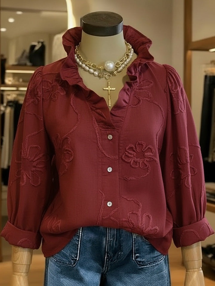 Damen elegante Bluse mit floralen Stickereien und voluminösen Ärmeln Drune