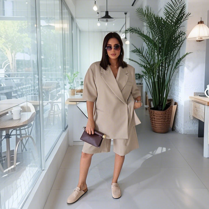 Damen lässiges hochwertiges Oversized Set mit Kurzärmeljacke und Shorts Drune