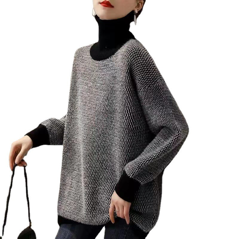Damen Grobstrickpullover mit hohem Kragen und modischem Strukturmuster Drune