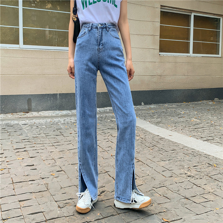 Damen Hochtaillierte Denimhose mit Seitenschlitzen Drune