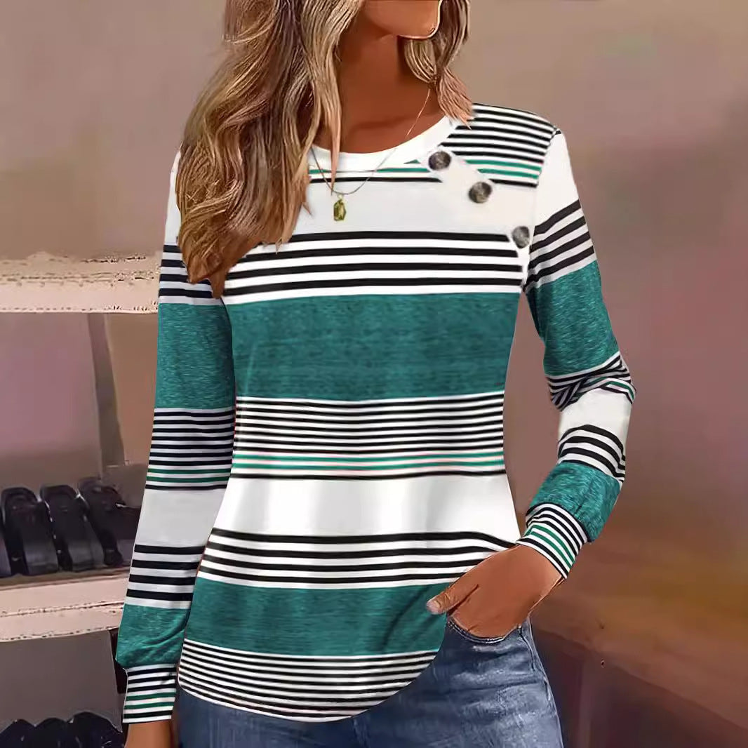Damen Langarmshirt mit maritimem Streifenmuster und dekorativen Knopfdetails Drune