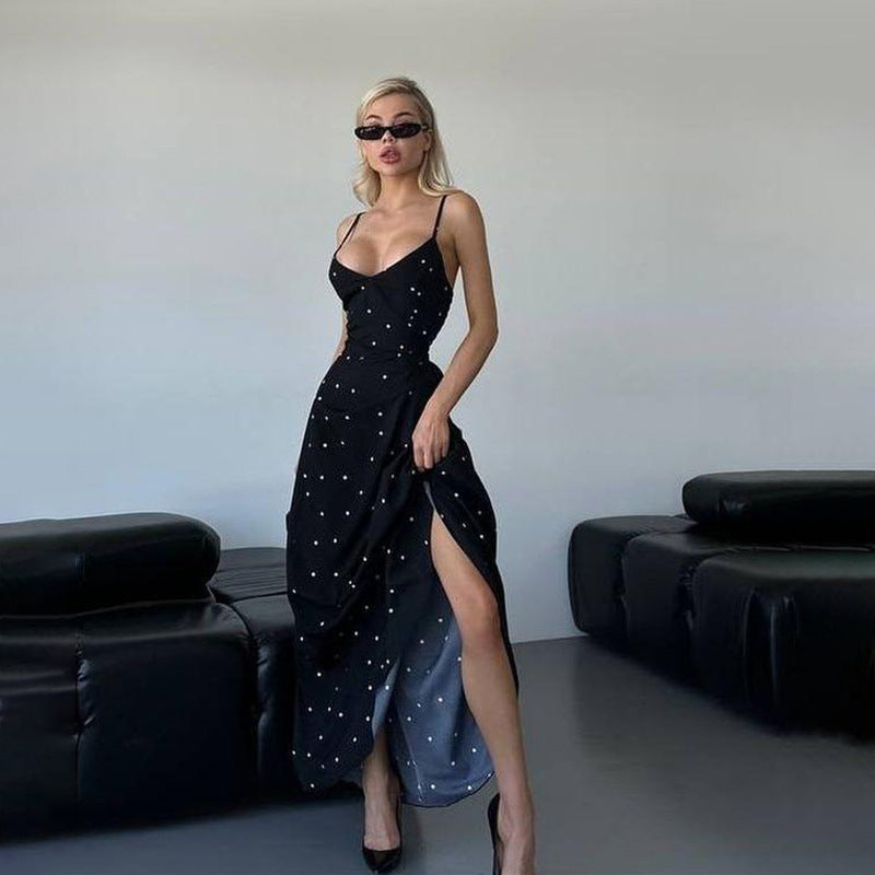 Damen Midikleid mit zarten Spaghetti-Trägern und punktuellem Design Drune