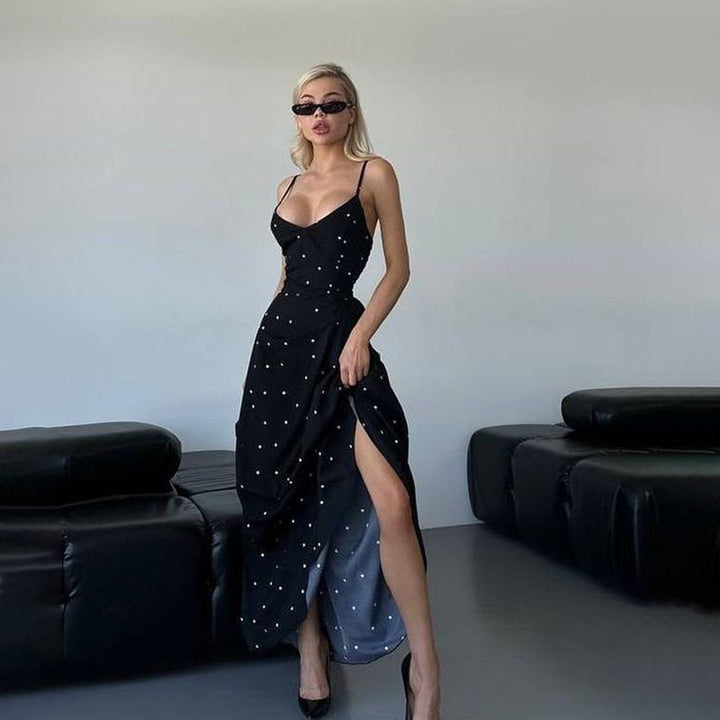 Damen Midikleid mit zarten Spaghetti-Trägern und punktuellem Design Drune