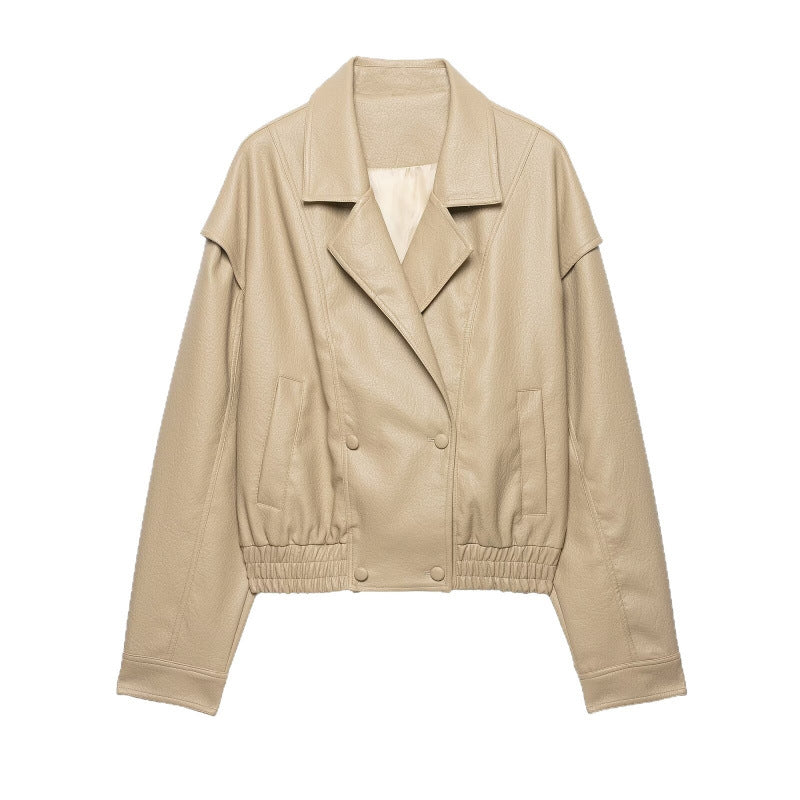 Damen Cropped Lederimitat-Blouson mit doppelreihiger Knopfleiste, weitem Revers und elastischem Saum Drune